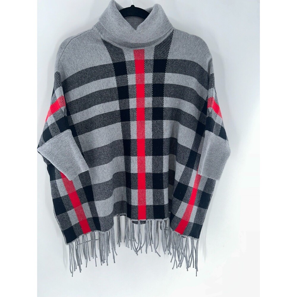 Women's Kimberly C. Plaid Turtleneck Short Sleeve Fringe  Sweater One Size